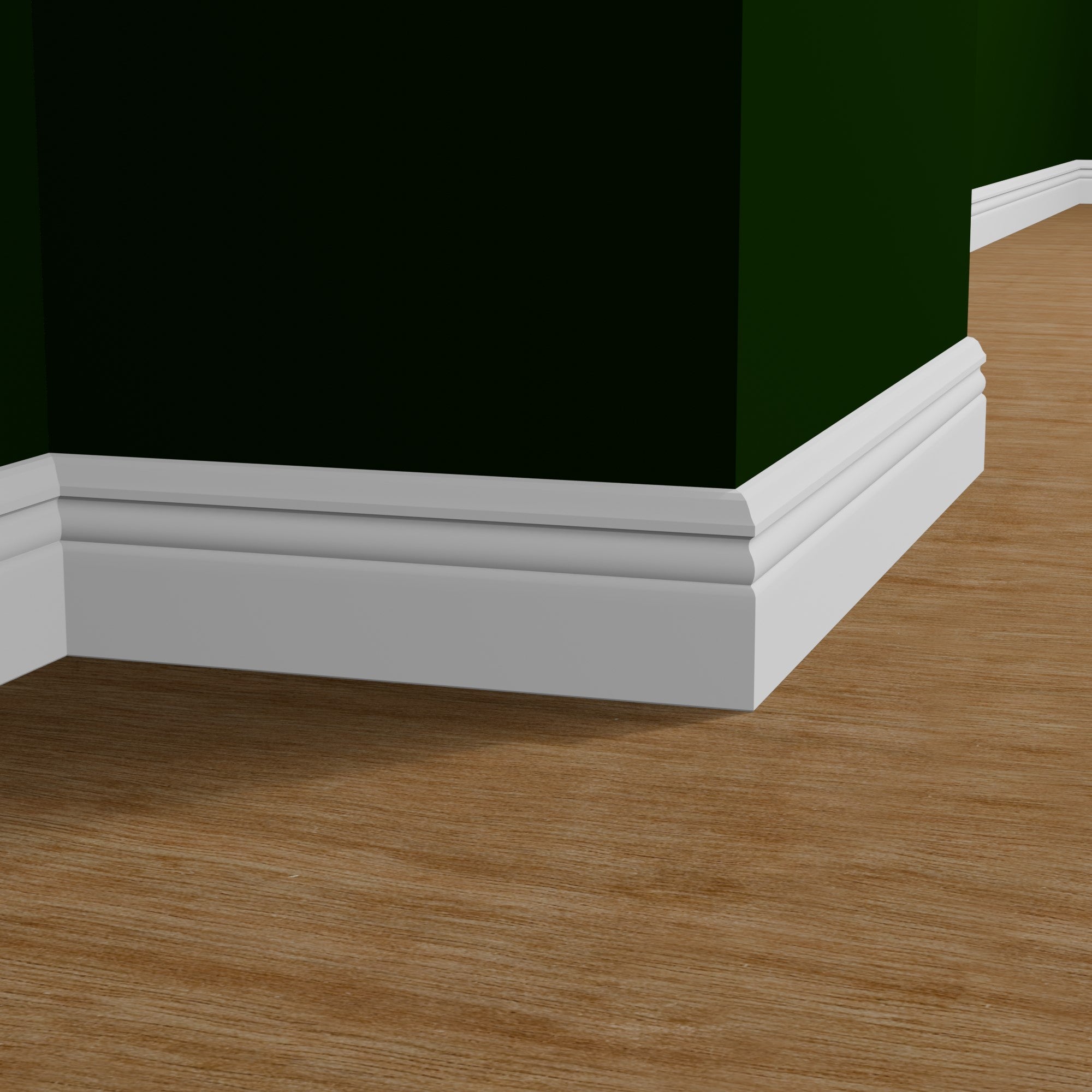 View of a room featuring the M8096A Primed White Pine Wood Baseboard Moulding installed, measuring 9/16 in x 4-1/4 in x 16 ft, highlighting an elegant and clean finish, ideal for enhancing the aesthetics of any space.