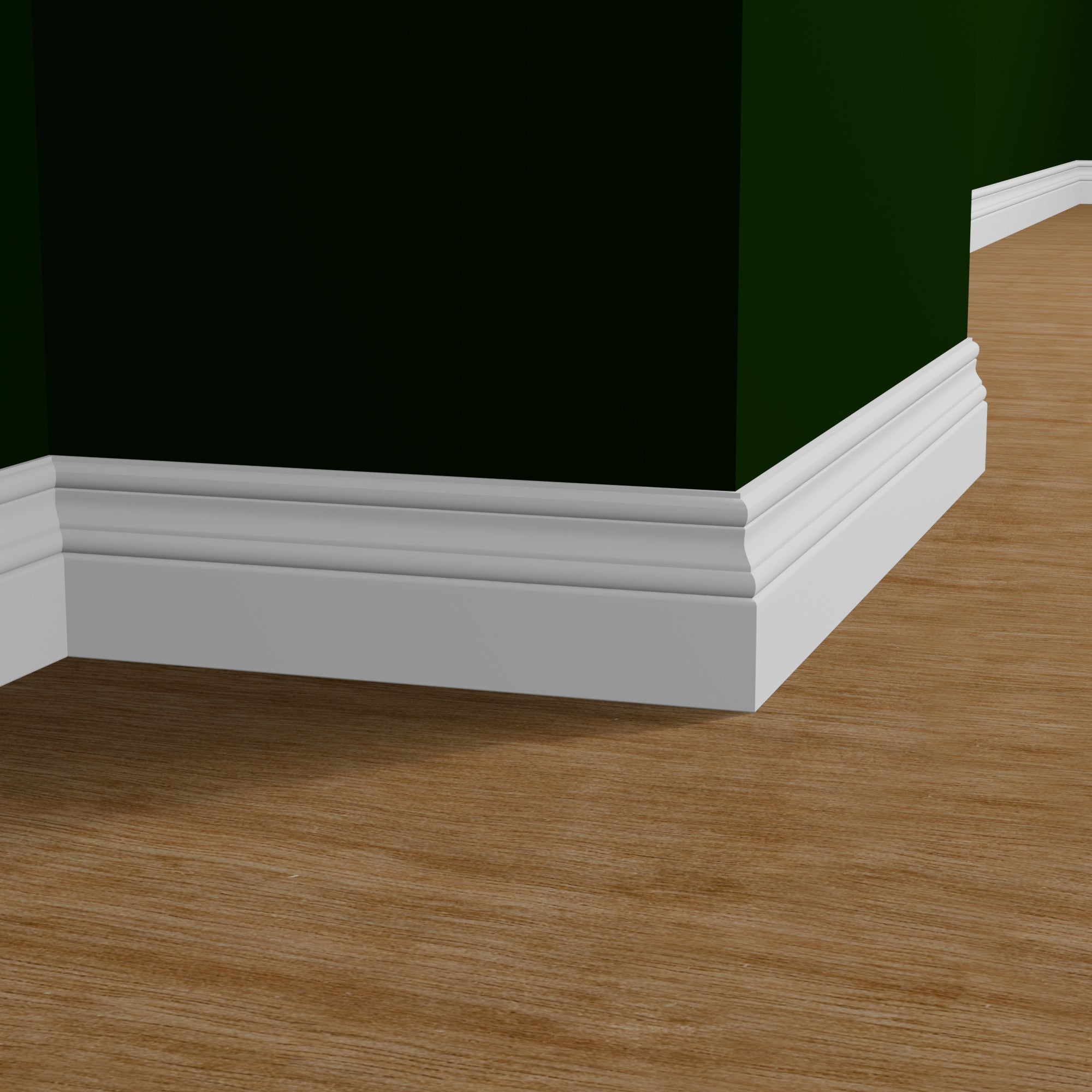 View of a room featuring the M8412A Primed White MDF-UL Baseboard Moulding installed, measuring 9/16 in x 4-1/4 in x 16 ft, highlighting an elegant and clean finish, ideal for enhancing the aesthetics of any space.