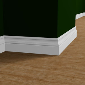 View of a room featuring the M8412A Primed White MDF-UL Baseboard Moulding installed, measuring 9/16 in x 4-1/4 in x 16 ft, highlighting an elegant and clean finish, ideal for enhancing the aesthetics of any space.