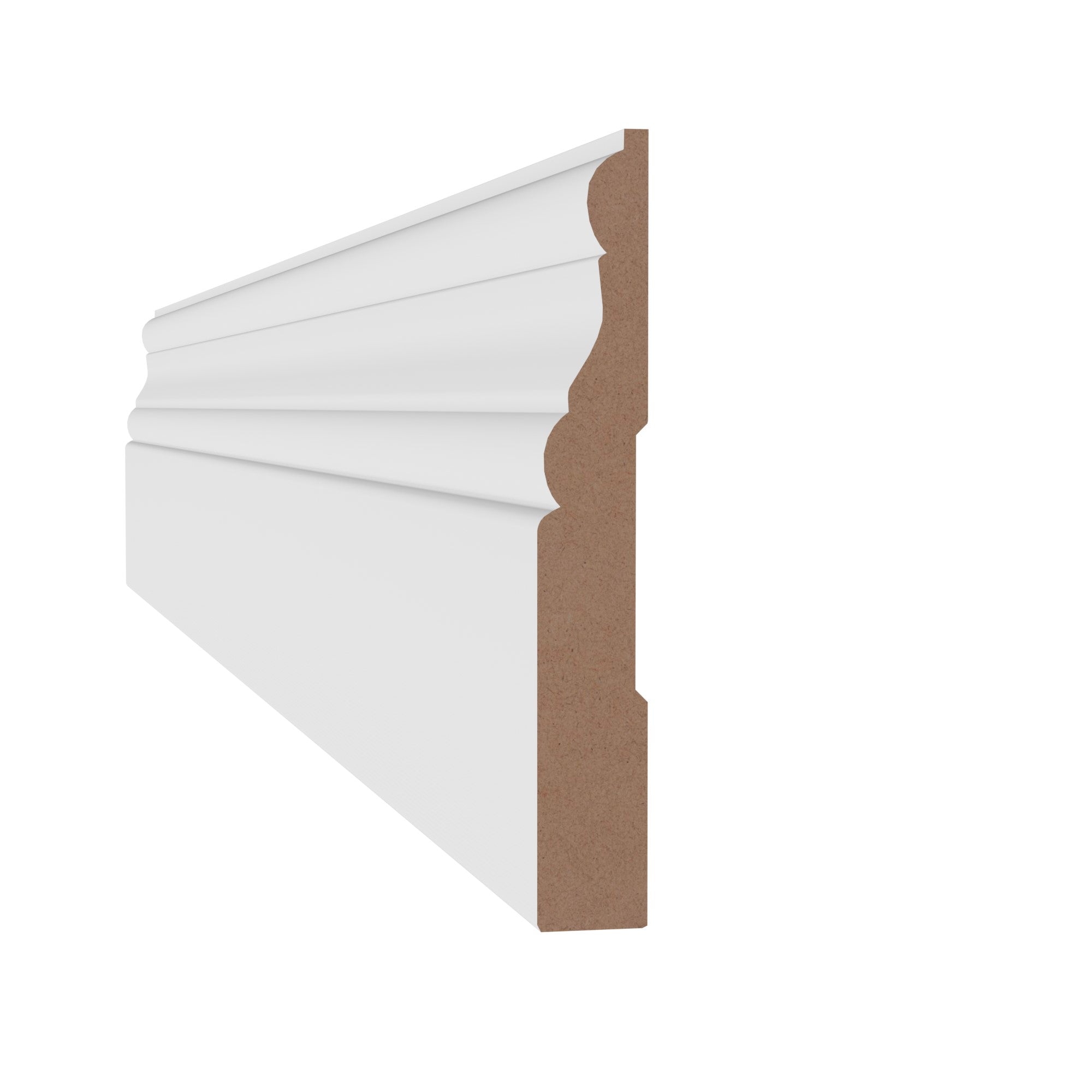 9/16 in x 4-1/4 in x 16 ft M8412A Primed White MDF-UL Baseboard -  Moulding - high-quality decorative trim for doors, windows, and interior finishing.