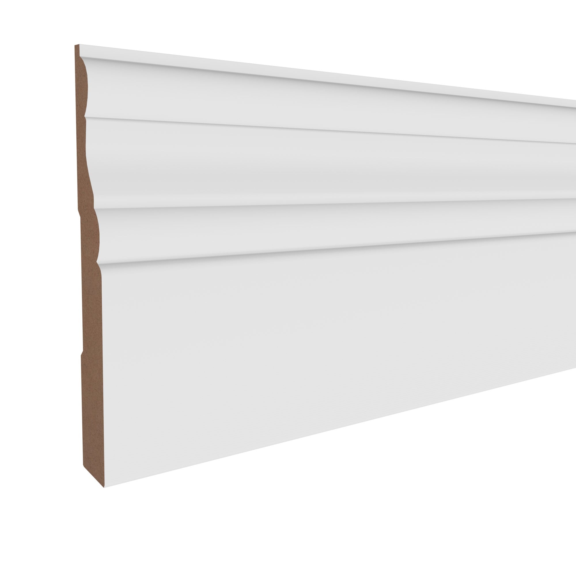 9/16 in x 4-1/4 in x 16 ft M8412A Primed White MDF-UL Baseboard -  Moulding, durable composite construction with a smooth primed white finish for easy painting and installation.