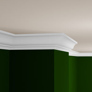 View of a room featuring the M0047Z Primed White MDF Crown Moulding installed, measuring 9/16 in x 4-5/8 in x 16 ft, highlighting an elegant and clean finish, ideal for enhancing the aesthetics of any space.