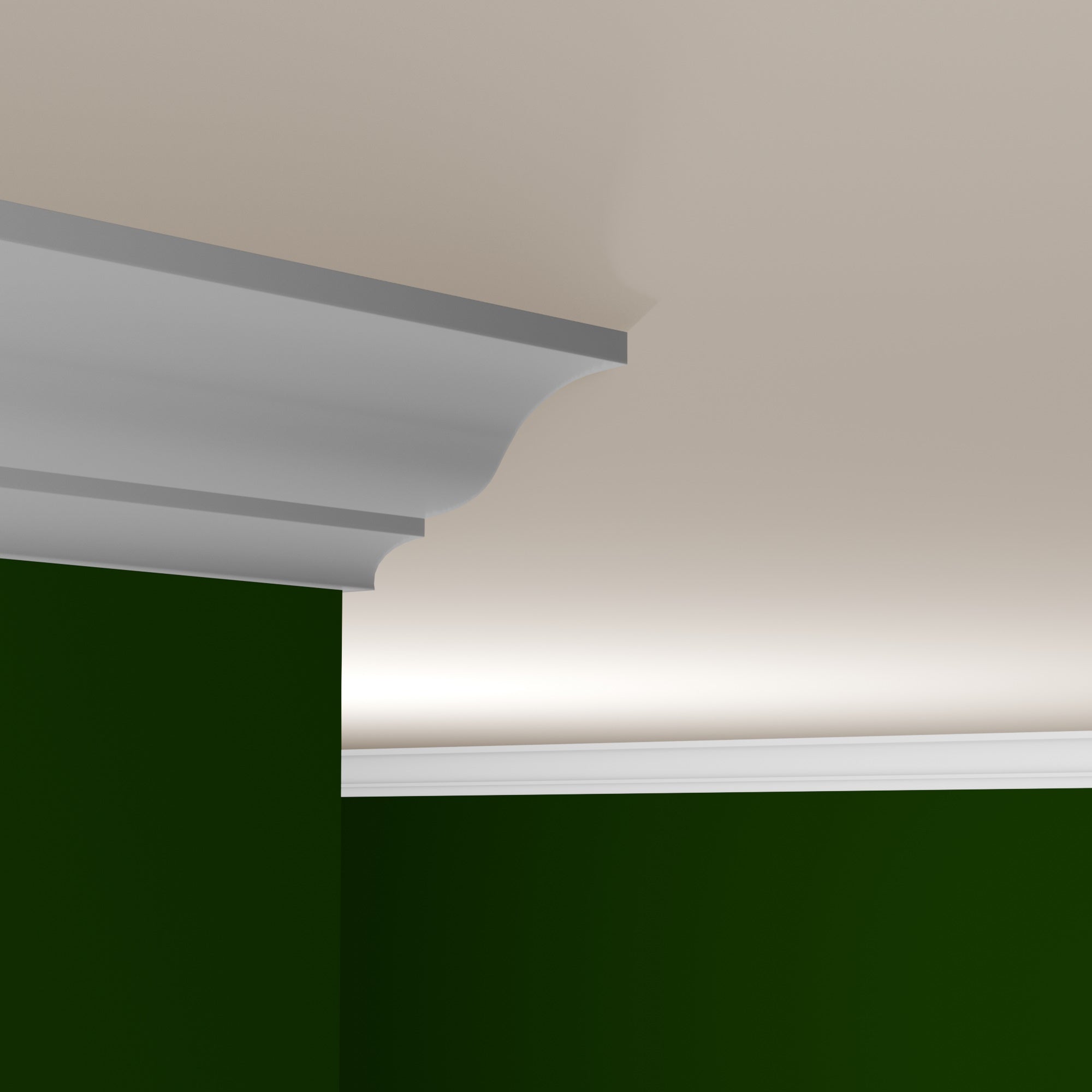 View of a room featuring the M0047Z Primed White MDF Crown Moulding installed, measuring 9/16 in x 4-5/8 in x 16 ft, highlighting an elegant and clean finish, ideal for enhancing the aesthetics of any space.