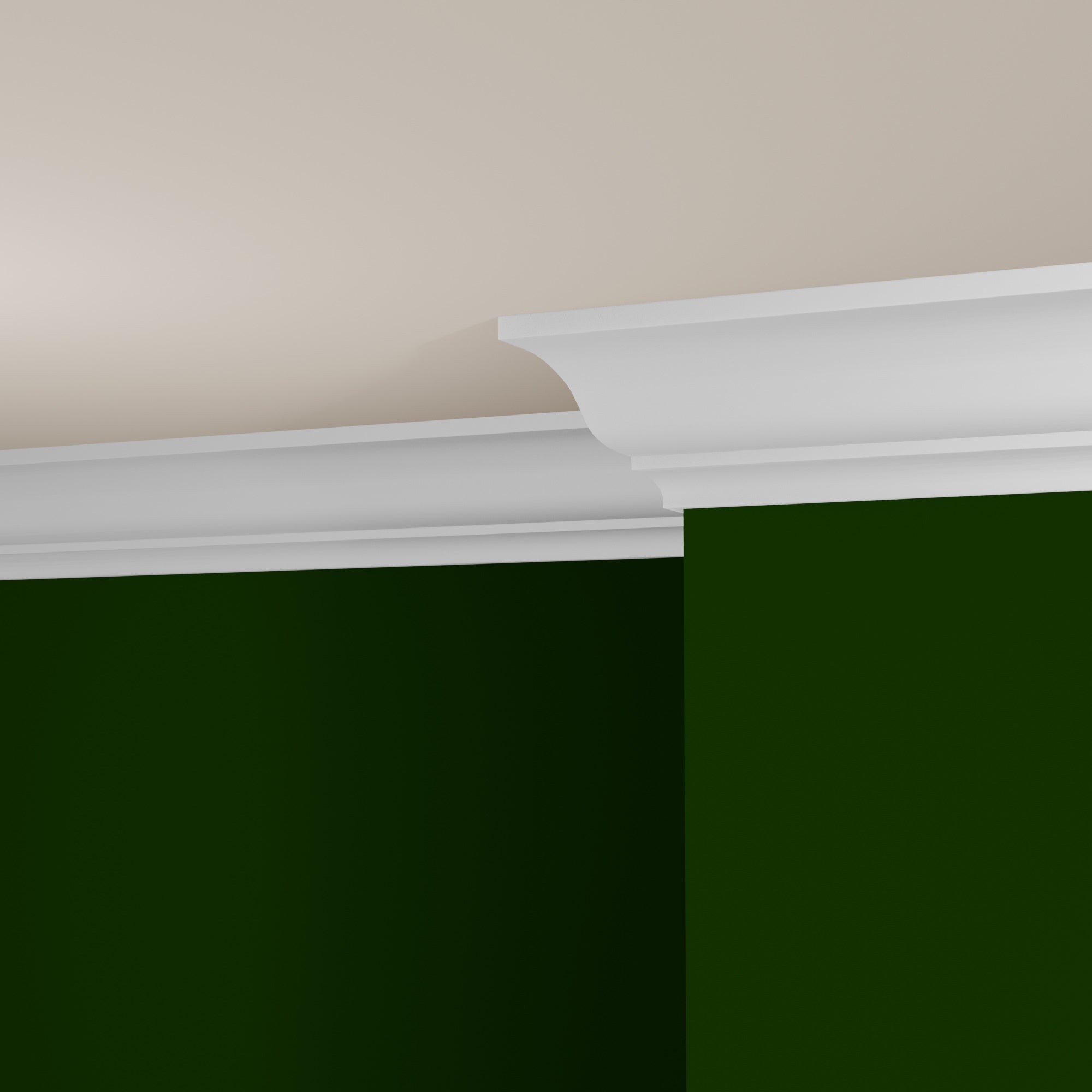 View of a room featuring the M0047Z Primed White MDF Crown Moulding installed, measuring 9/16 in x 4-5/8 in x 16 ft, highlighting an elegant and clean finish, ideal for enhancing the aesthetics of any space.