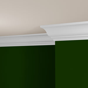 View of a room featuring the M0047Z Primed White MDF Crown Moulding installed, measuring 9/16 in x 4-5/8 in x 16 ft, highlighting an elegant and clean finish, ideal for enhancing the aesthetics of any space.