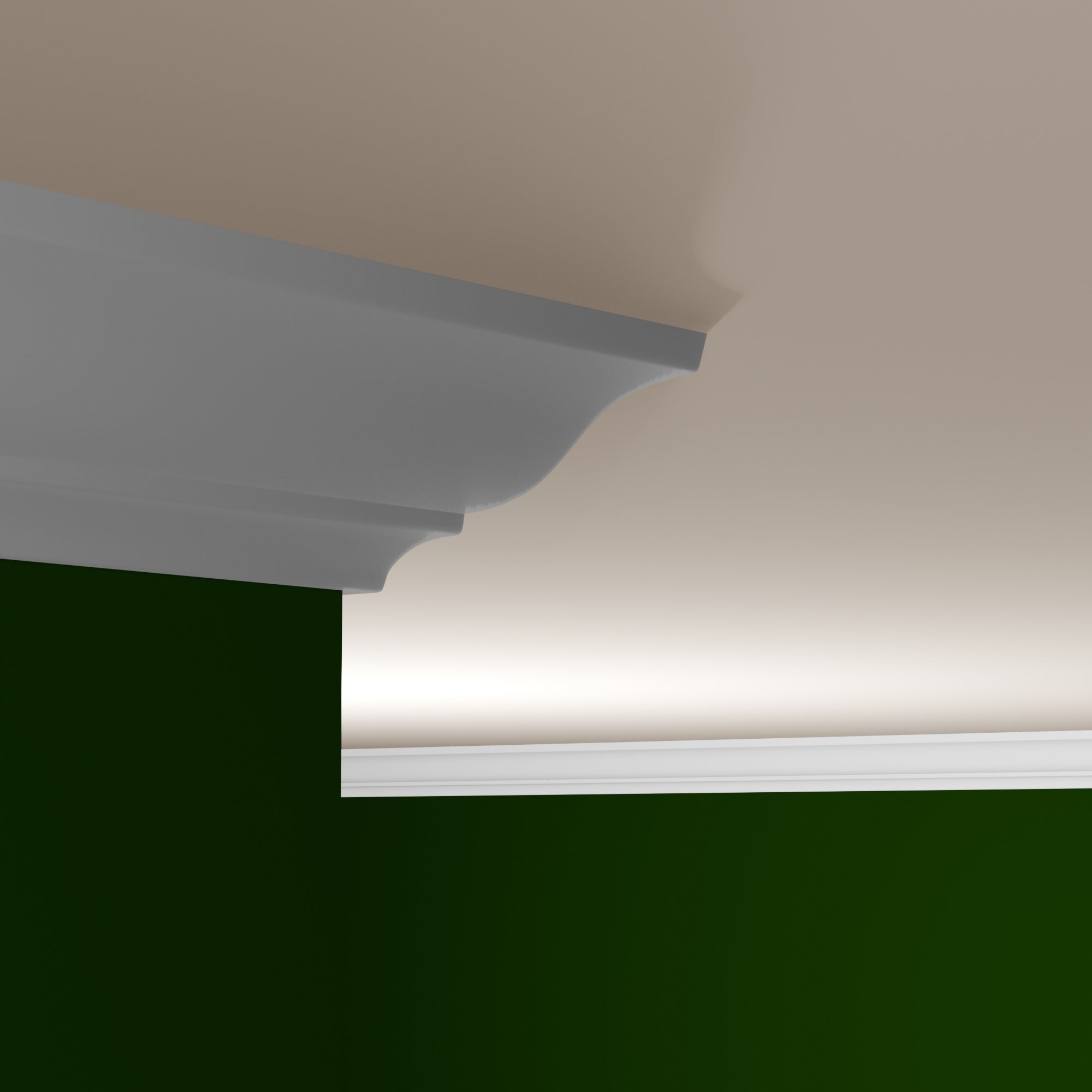 View of a room featuring the M0045T Primed White Pine Wood Crown Moulding installed, measuring 9/16 in x 5-1/4 in x 16 ft, highlighting an elegant and clean finish, ideal for enhancing the aesthetics of any space.