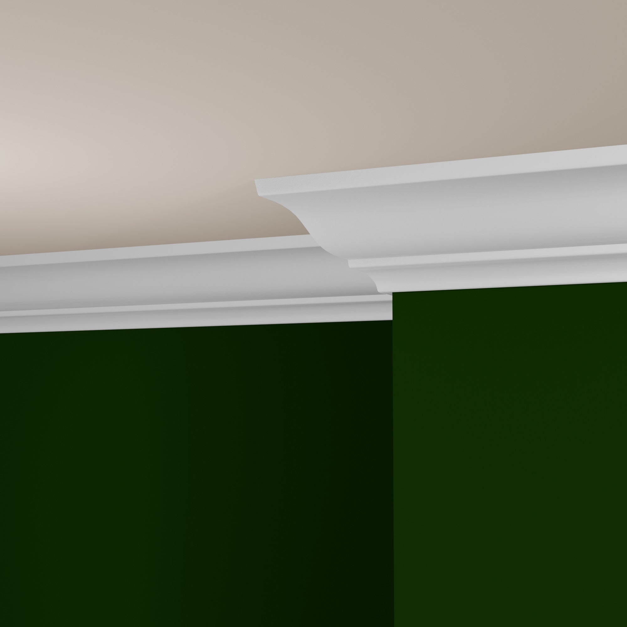 View of a room featuring the M0045T Primed White Pine Wood Crown Moulding installed, measuring 9/16 in x 5-1/4 in x 16 ft, highlighting an elegant and clean finish, ideal for enhancing the aesthetics of any space.