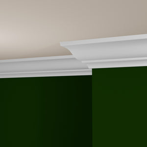 View of a room featuring the M0045T Primed White Pine Wood Crown Moulding installed, measuring 9/16 in x 5-1/4 in x 16 ft, highlighting an elegant and clean finish, ideal for enhancing the aesthetics of any space.
