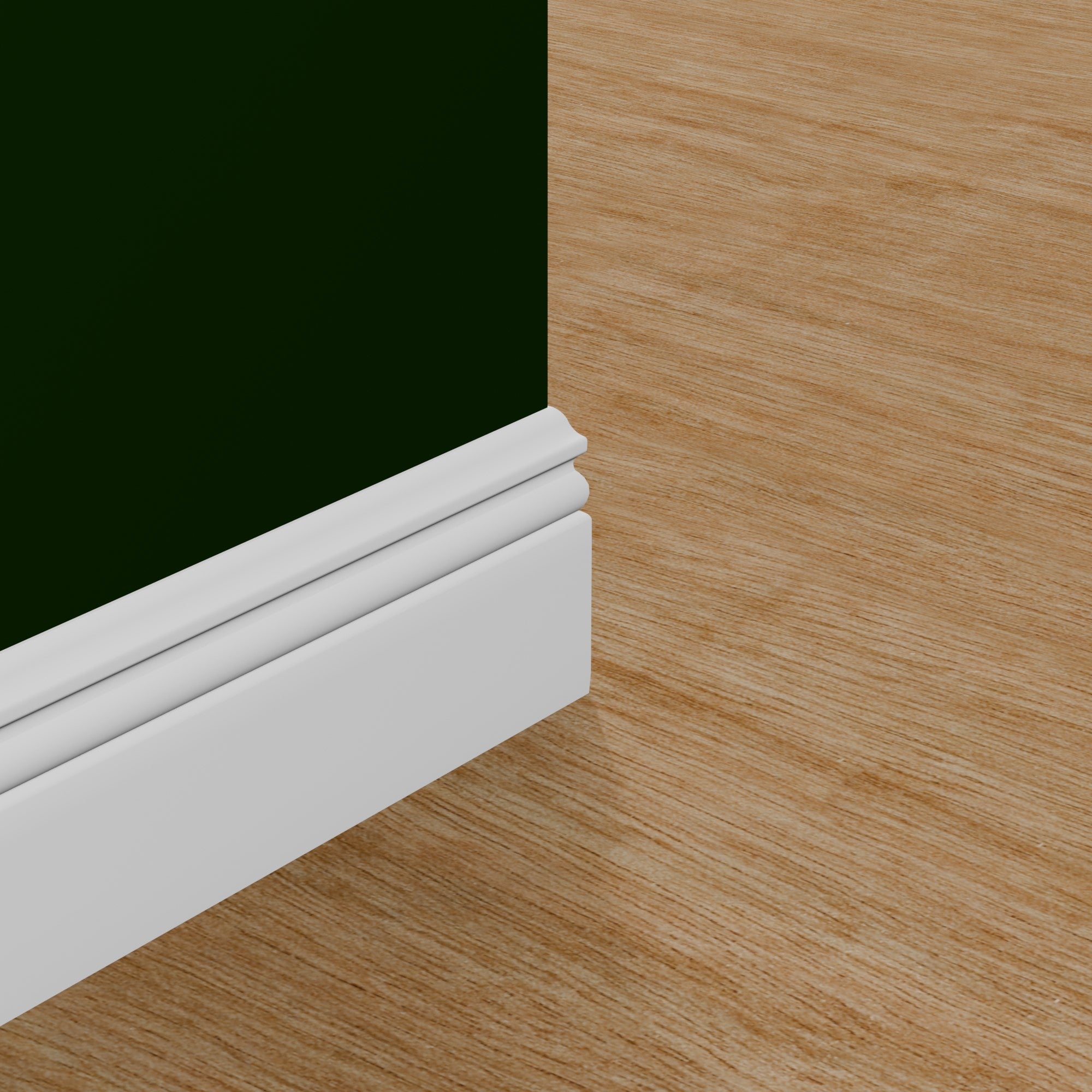 View of a room featuring the M8744A Primed White MDF-UL Baseboard Moulding installed, measuring 9/16 in x 5-1/4 in x 16 ft, highlighting an elegant and clean finish, ideal for enhancing the aesthetics of any space.