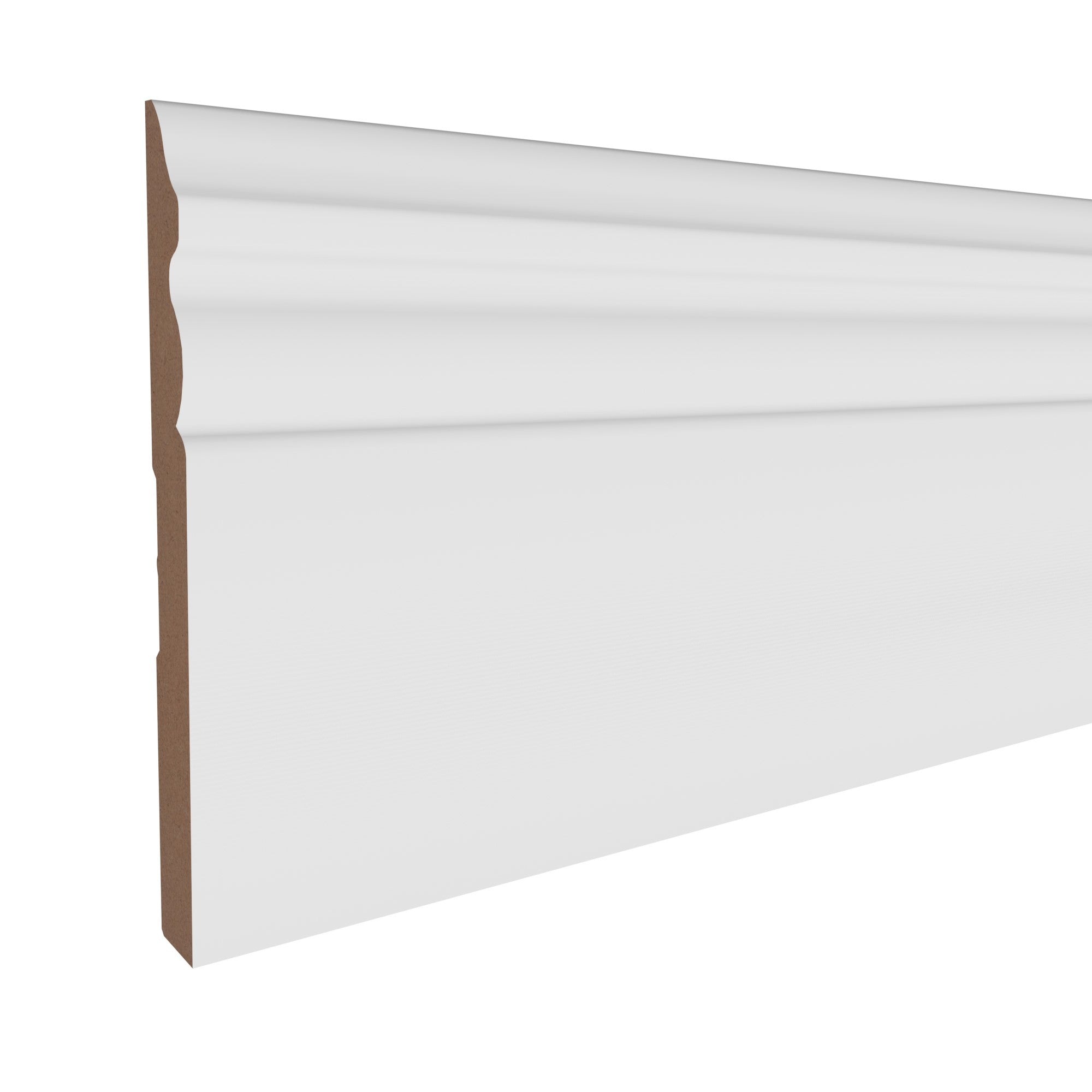9/16 in x 5-1/4 in x 16 ft M8744A Primed White MDF-UL Baseboard -  Moulding, durable composite construction with a smooth primed white finish for easy painting and installation.