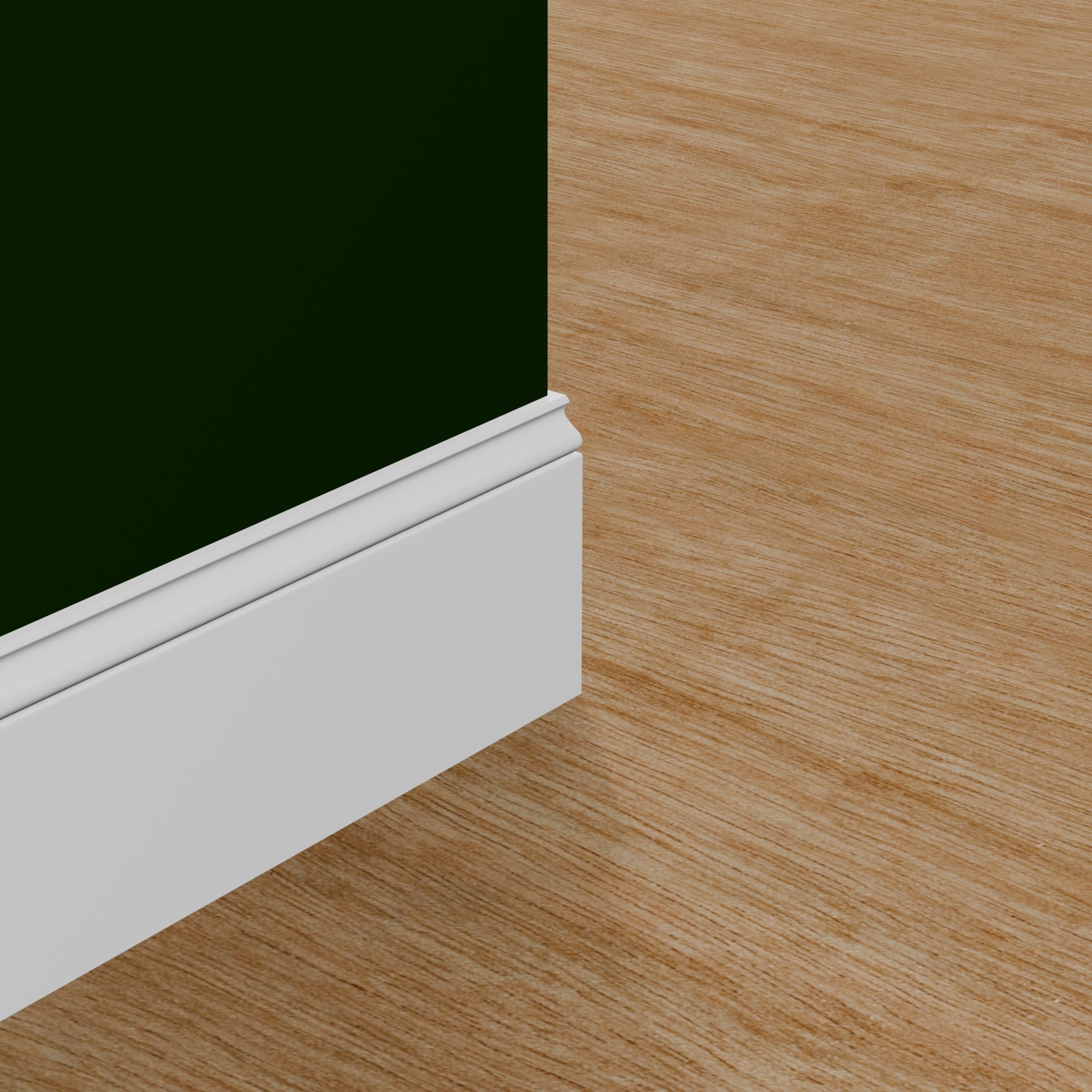 View of a room featuring the M0738Z Primed White MDF-UL Baseboard Moulding installed, measuring 9/16 in x 7-1/4 in x 16 ft, highlighting an elegant and clean finish, ideal for enhancing the aesthetics of any space.