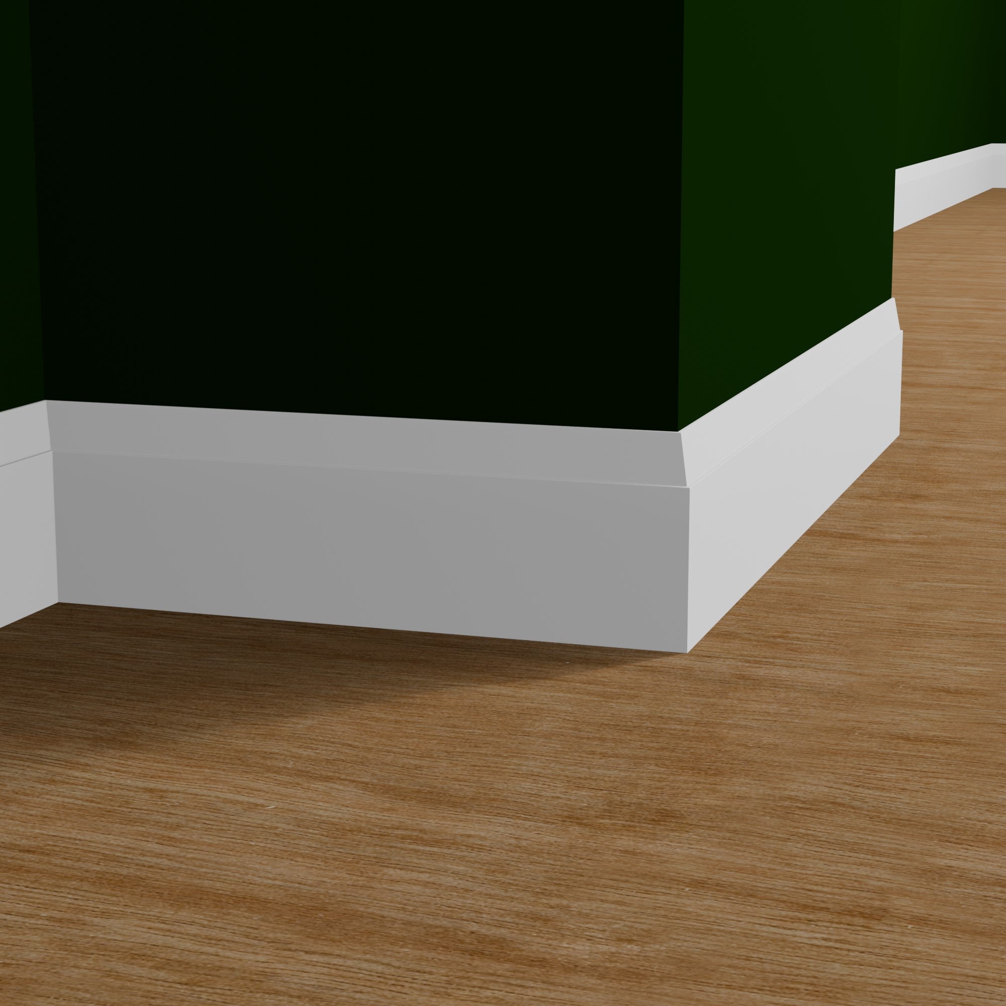 View of a room featuring the M2015L Primed White Pine Wood Baseboard Moulding installed, measuring 9/16 in x 7-1/4 in x 16 ft, highlighting an elegant and clean finish, ideal for enhancing the aesthetics of any space.
