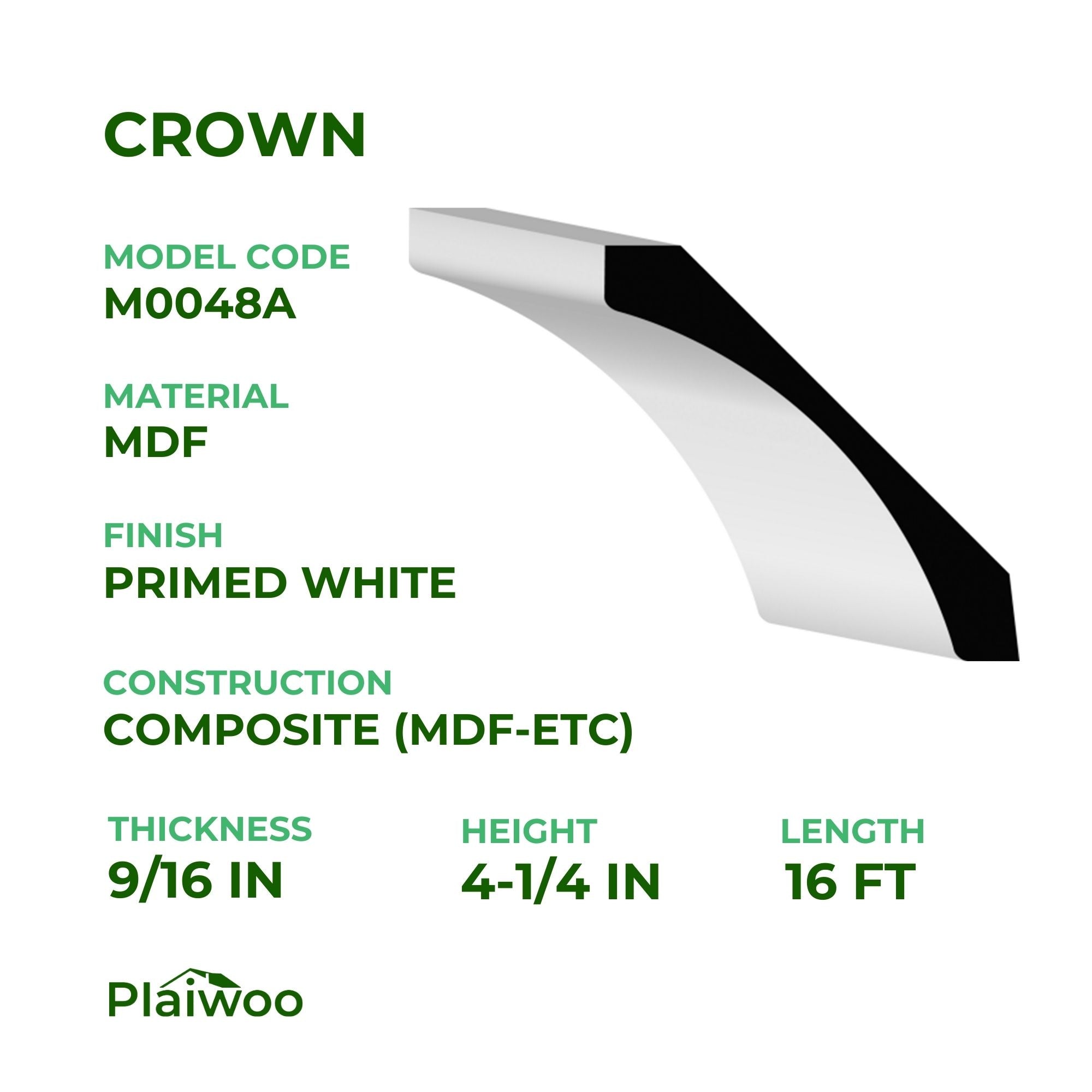 9/16 in x 4-1/4 in x 16 ft M0048A Primed White MDF Crown -  Moulding - high-quality decorative trim for doors, windows, and interior finishing.