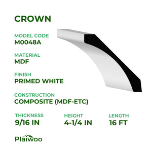 9/16 in x 4-1/4 in x 16 ft M0048A Primed White MDF Crown -  Moulding - high-quality decorative trim for doors, windows, and interior finishing.