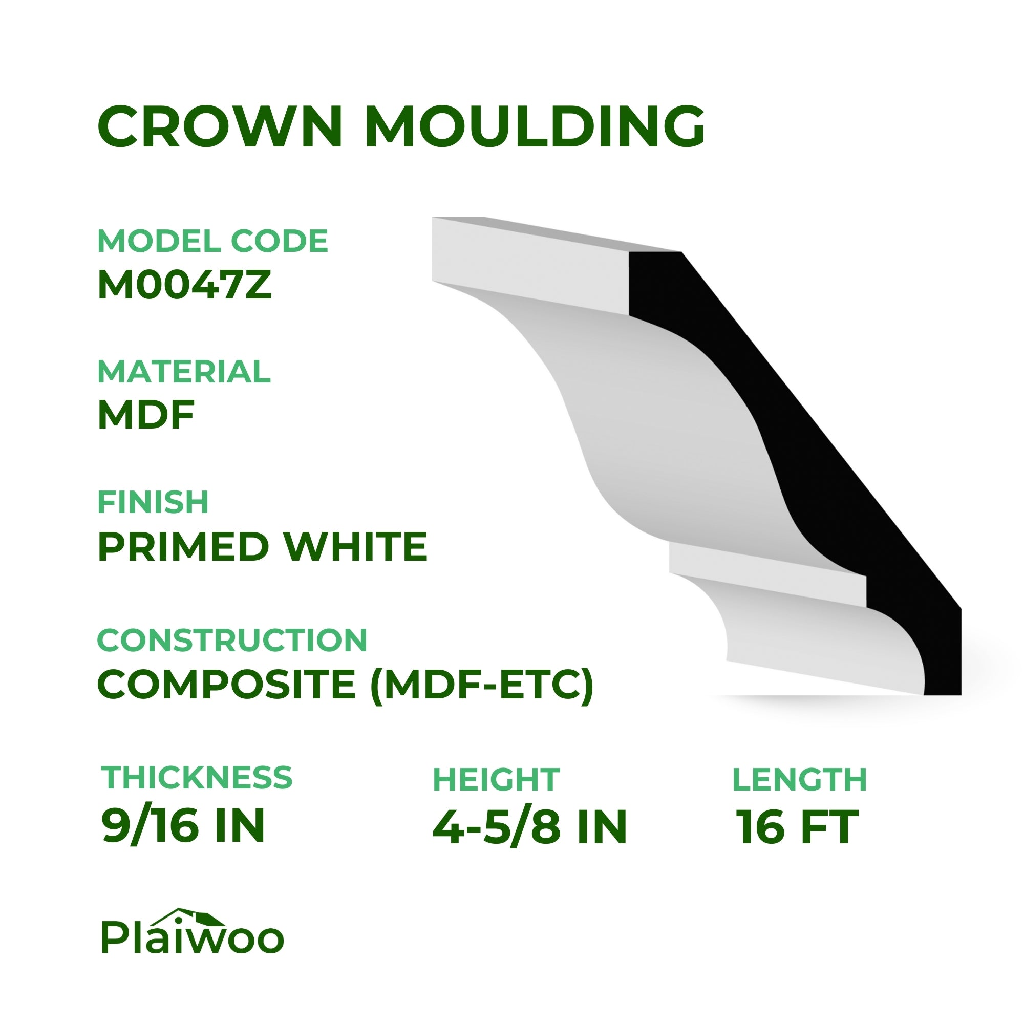 9/16 in x 4-5/8 in x 16 ft M0047Z Primed White MDF Crown -  Moulding - high-quality decorative trim for doors, windows, and interior finishing.