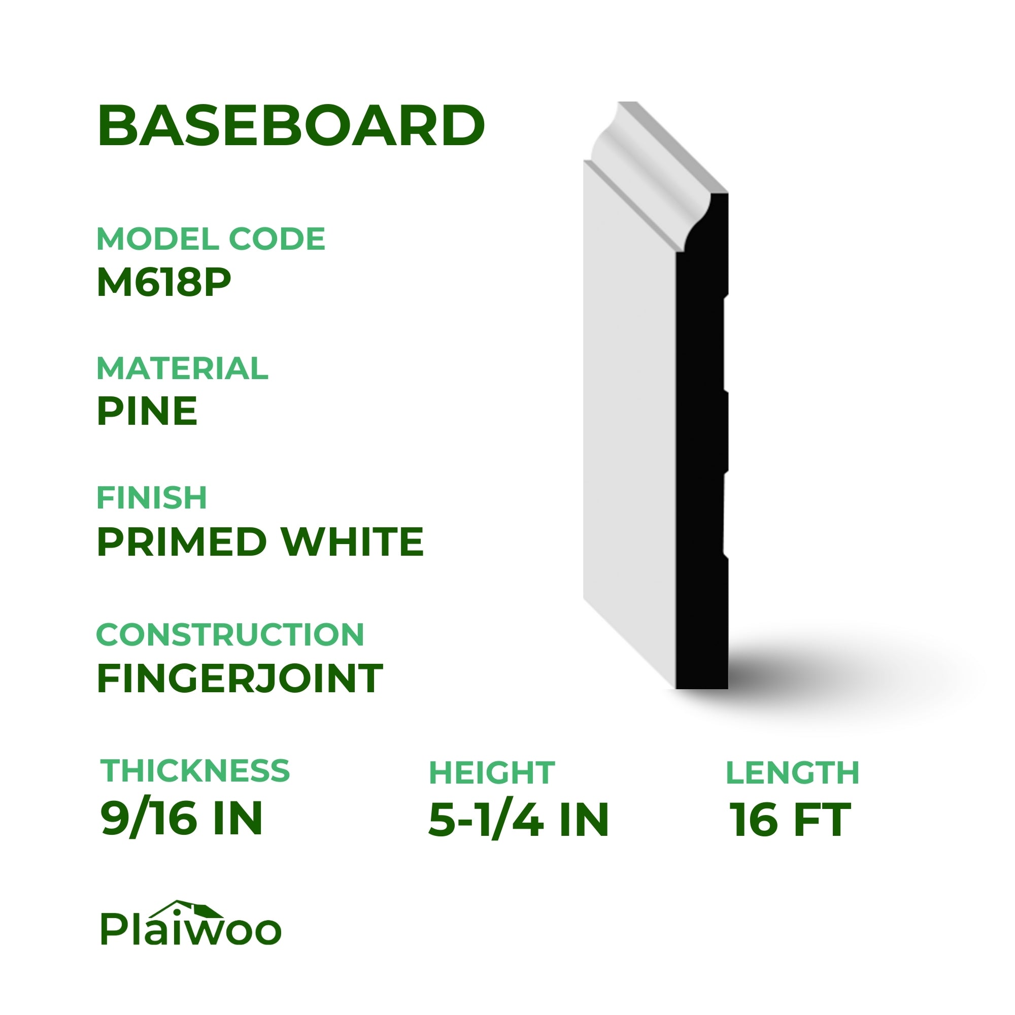 9/16 in x 5-1/4 in x 16 ft M5180P Primed White Pine Wood Baseboard -  Moulding - high-quality decorative trim for doors, windows, and interior finishing.