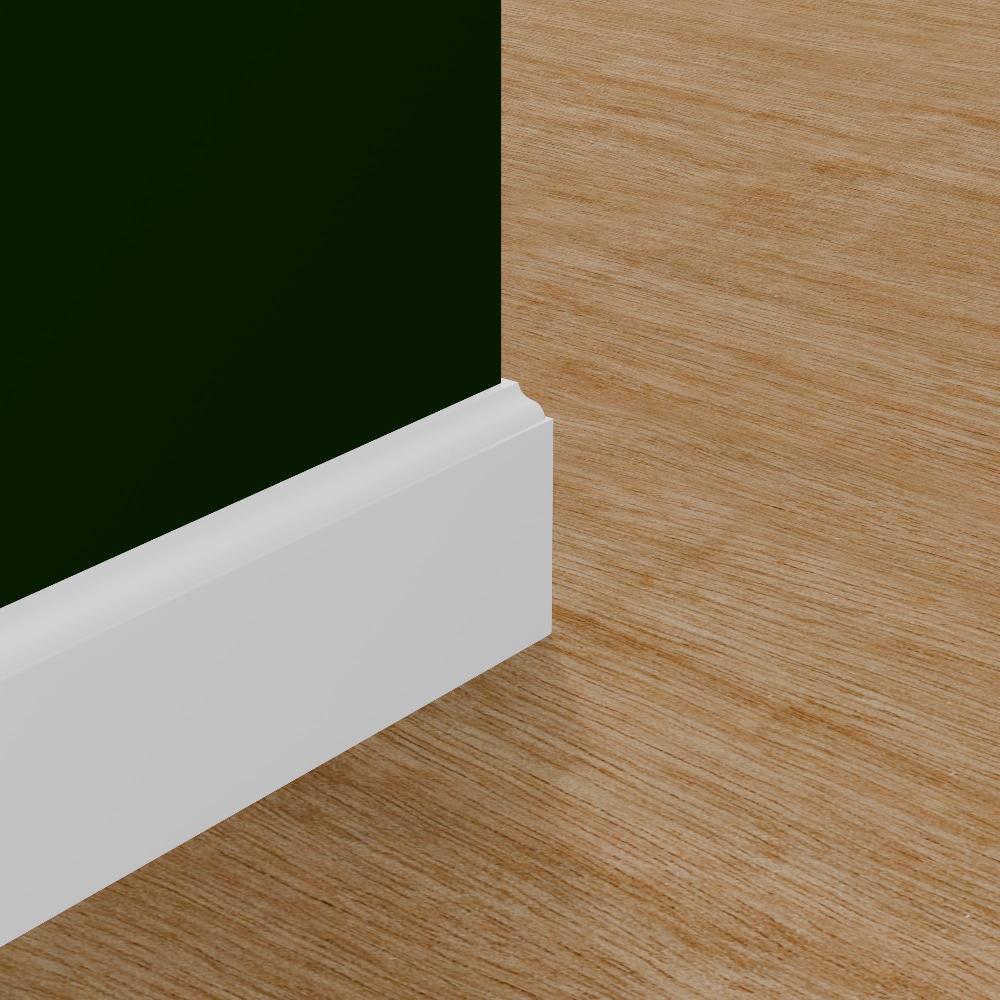 View of a room featuring the M618P Primed White Pine Wood Baseboard Moulding installed, measuring 9/16 in x 5-1/4 in x 16 ft, highlighting an elegant and clean finish, ideal for enhancing the aesthetics of any space.