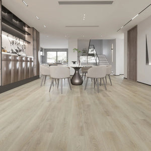 Room showing a waterproof floor, product Arce Paris Compac+ Waterproof Flooring - Rigid Core SPC Plank (7.5 mm x 7 in x 60 in 21,12 sqrft/box)