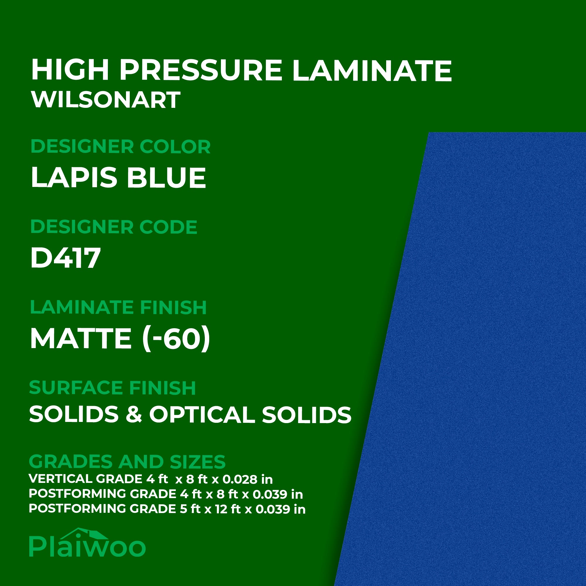 D417 Wilsonart Lapis Blue (-60) Matte (-60) HPL 4 ft x 8 ft Laminate Sheets Specifications - Plaiwoo