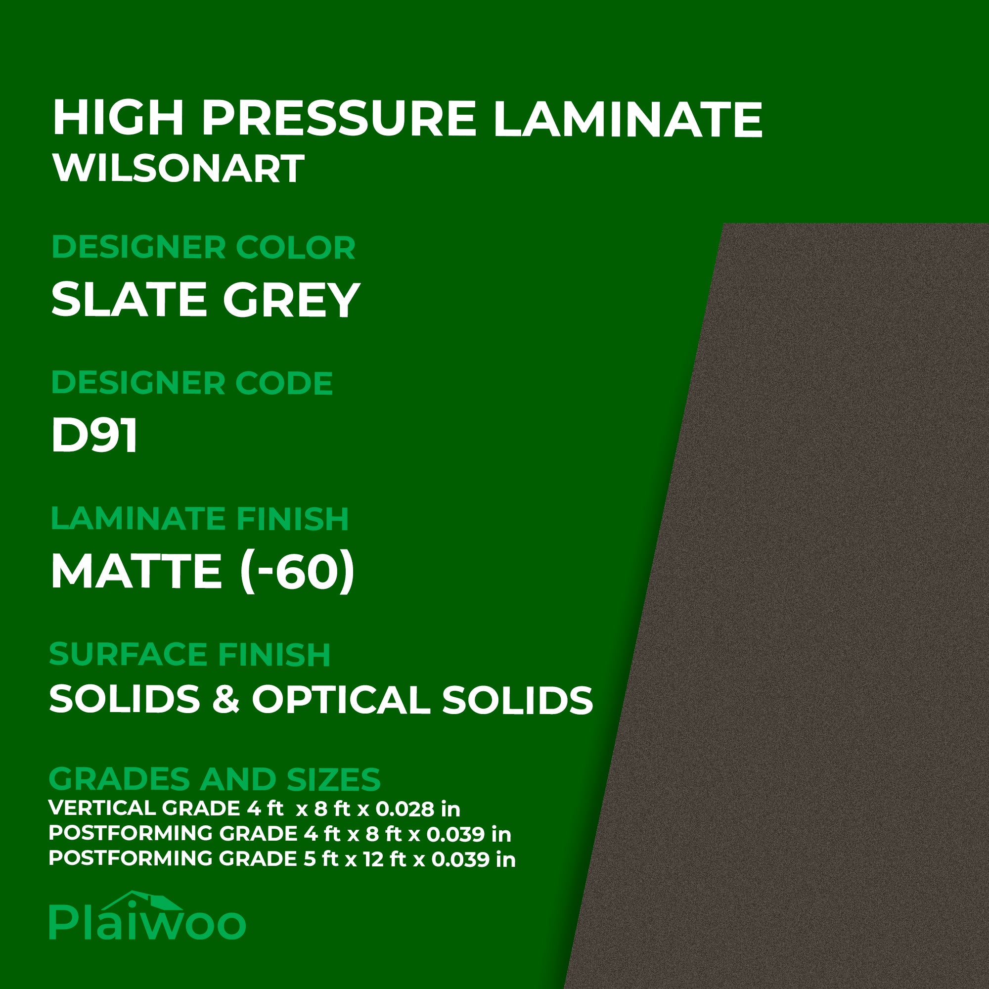 D91 Wilsonart Slate Grey (-60) Matte (-60) HPL 4 ft x 8 ft Laminate Sheets Specifications - Plaiwoo