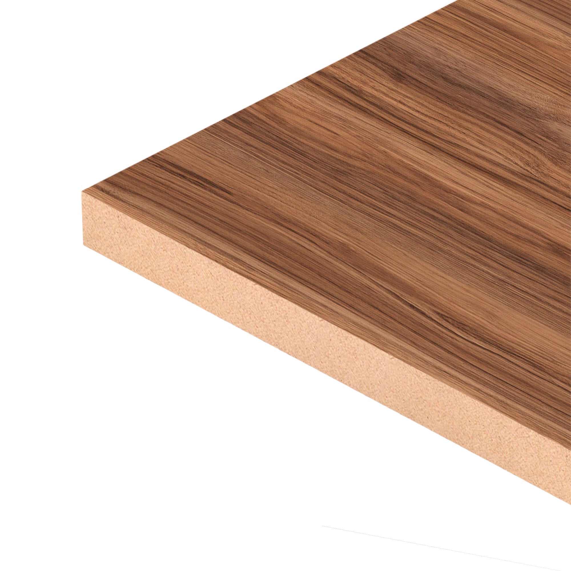 Close up of Encino Marrone  MDF Panel Two-Sided (9 mm) 3/8 in x 6 ft x 8 ft showing MDF core and smooth Brown melamine surface for durable furniture applications.