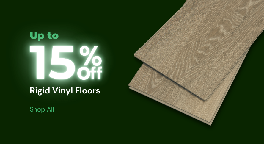Two pieces of rigid vinyl flooring with a promotional message on a dark green background plaiwoo