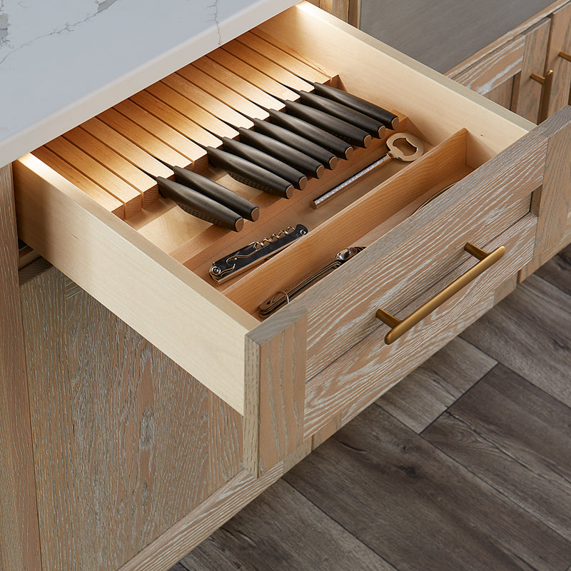 Wooden knife drawer with cutlery in a kitchen setting hafele plaiwoo