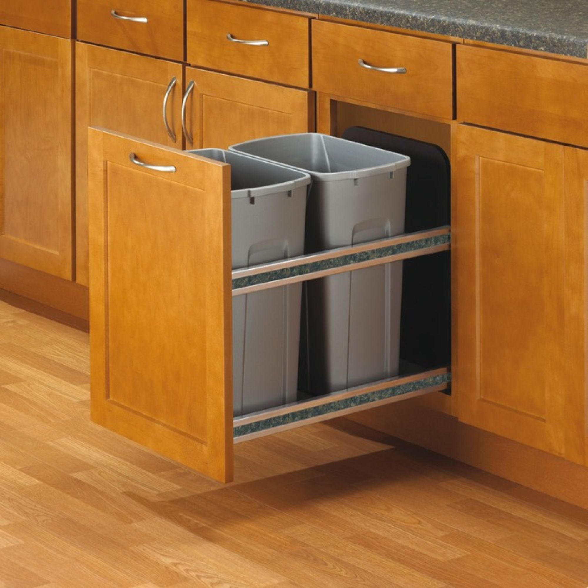 Knape and Vogt - Waste Bin Pull-Out, Bottom Mount, Double, 50 Qt, Undermount Slide with Soft-Close