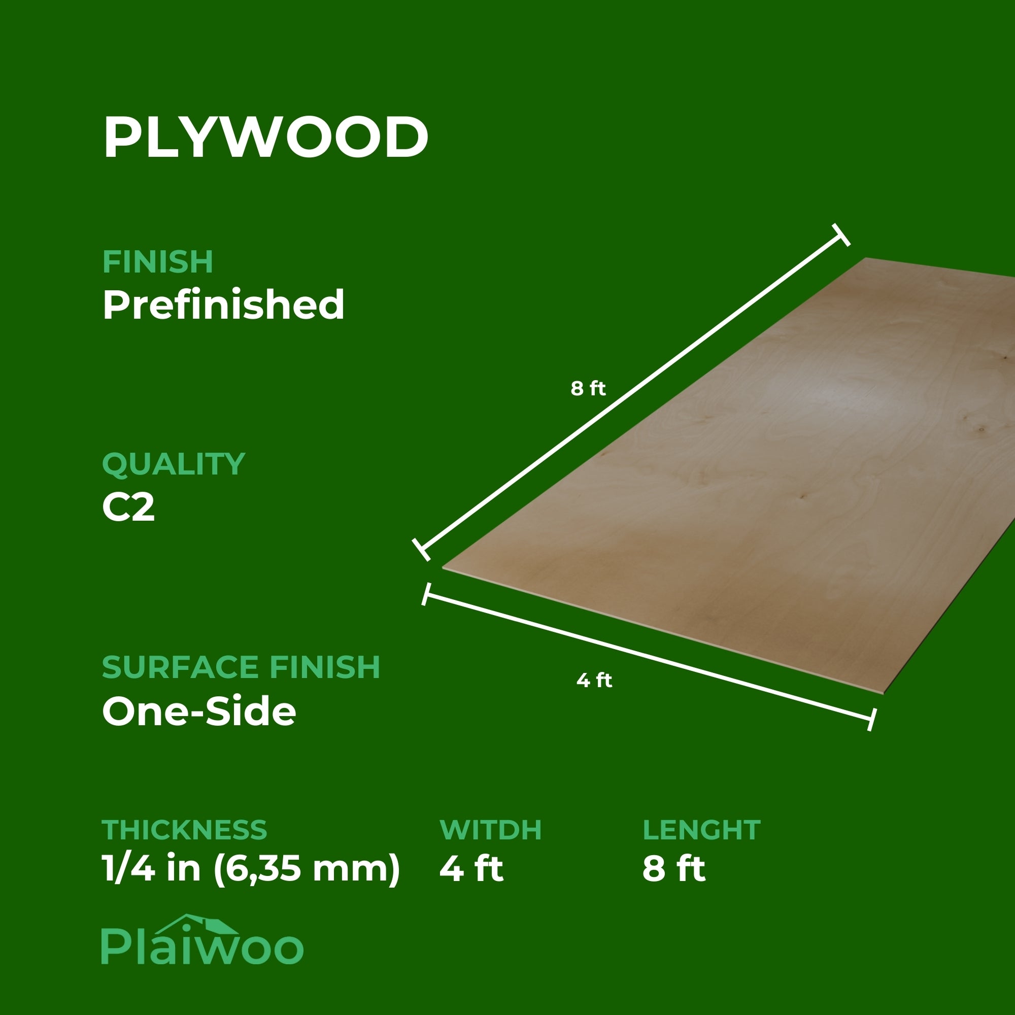 Birch Plywood Prefinished C2 One-Side (6,35 mm) 1/4 in x 4 ft x 8 ft
